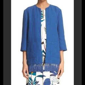 Tory Burch Emily Fringe Trim Linen Jacket Blue size 6